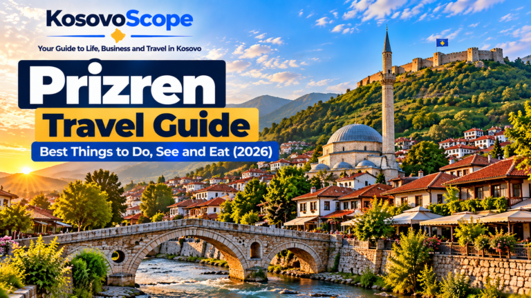 Prizren travel guide 2026 featuring the historic Stone Bridge, Sinan Pasha Mosque, Prizren Fortress and the Old Town in Kosovo.