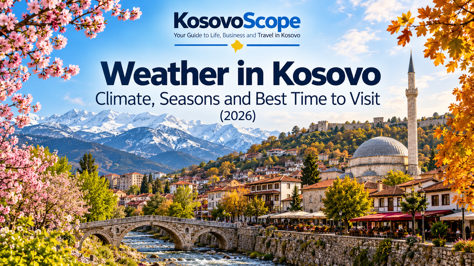 Weather in Kosovo 2026 showing seasonal landscapes, mountains and historic Prizren scenery.
