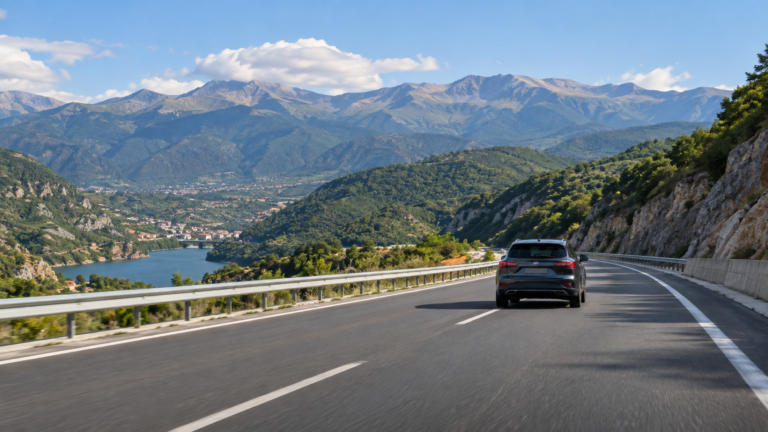 Driving in Kosovo - mountain road and car