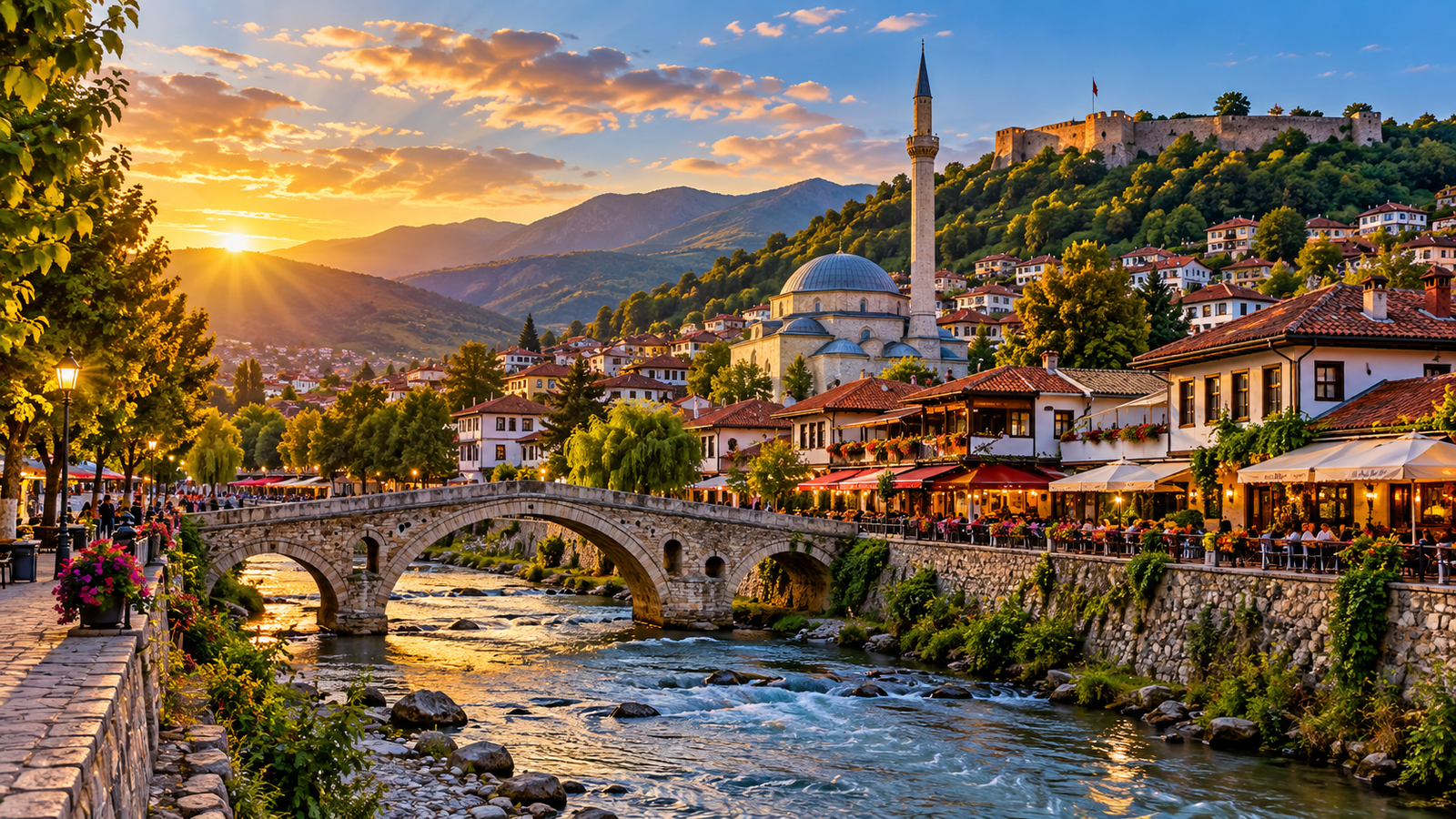 Best things to do in Kosovo – Prizren's historic Stone Bridge, Sinan Pasha Mosque and fortress at sunset.