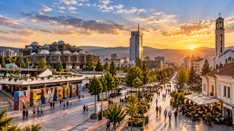 Prishtina travel guide – panoramic city view featuring the NEWBORN Monument, National Library and Mother Teresa Boulevard at sunset