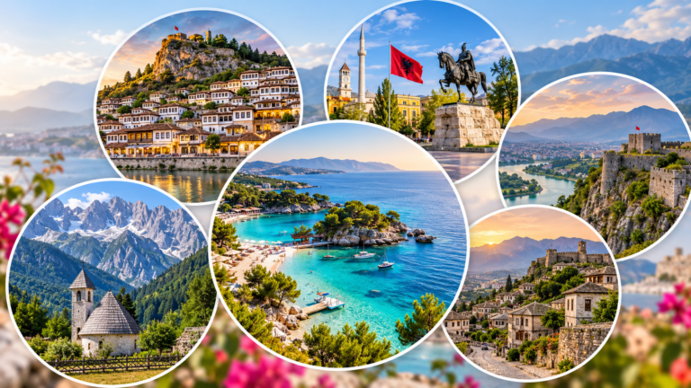 Albania travel collage featuring Berat, Tirana, Shkoder, the Albanian Alps, Gjirokaster and the Albanian Riviera