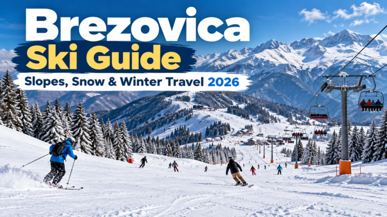 Brezovica ski guide with snowy slopes, skiers, chairlifts and the Sharr Mountains in Kosovo