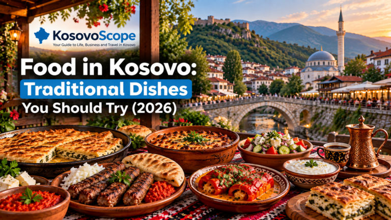 Traditional food in Kosovo with flija, qebapa, pite and other local dishes in Prizren