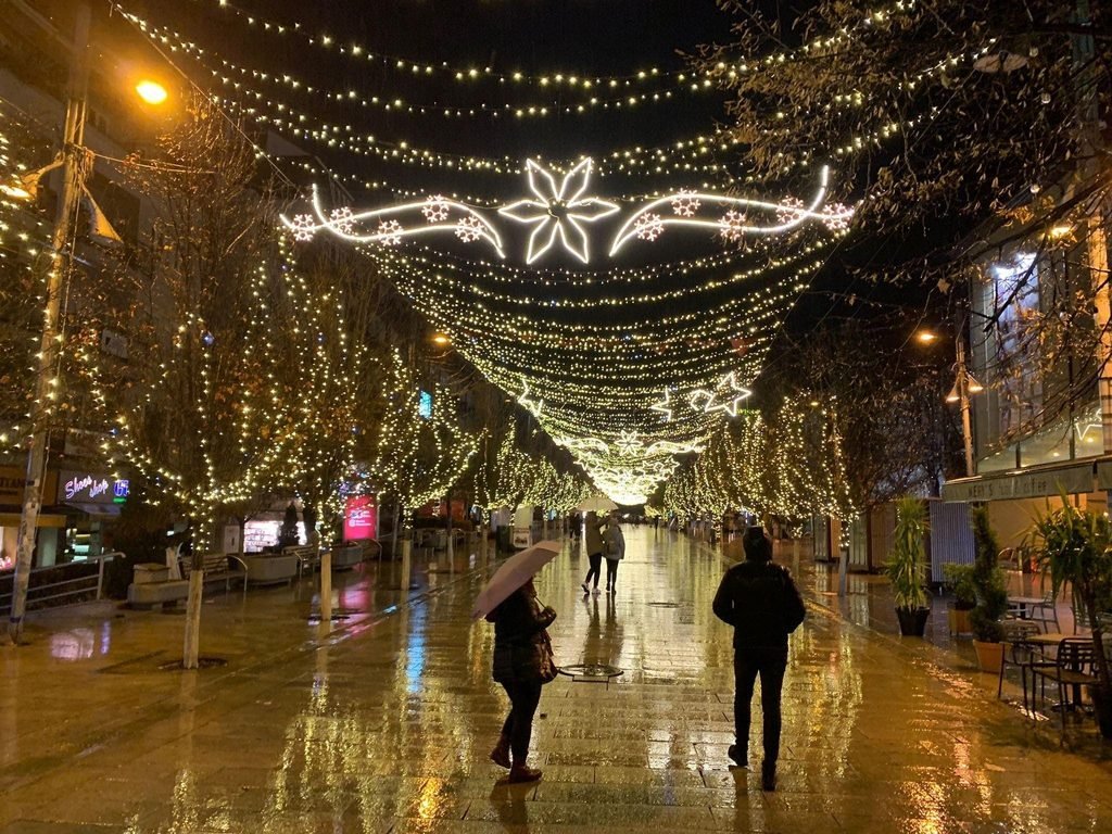 Christmas lights and festive decorations in central Pristina during the holiday season