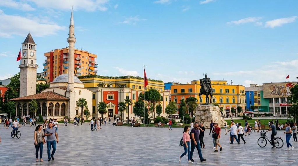 Skanderbeg Square in Tirana, Albania, with the city's central landmarks