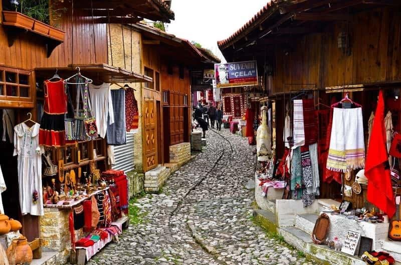 Traditional cobblestone market street in the Old Bazaar of Kruje, Albania