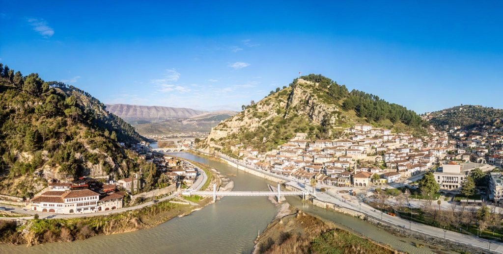 Panoramic view of traditional white houses in the Mangalem district of Berat, Albania