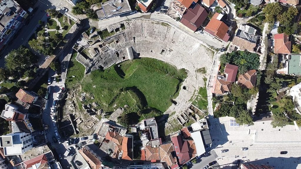 Aerial view of the ancient Roman amphitheatre in Durres, Albania