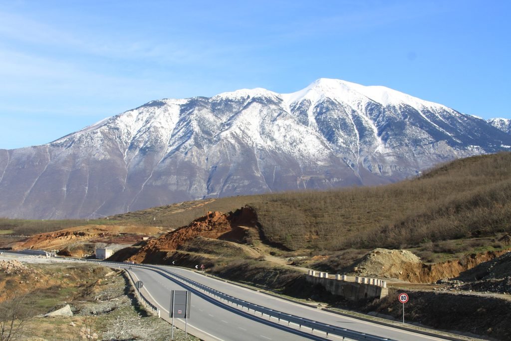 Rruga e Kombit highway near Kukes and Mount Gjallica in Albania