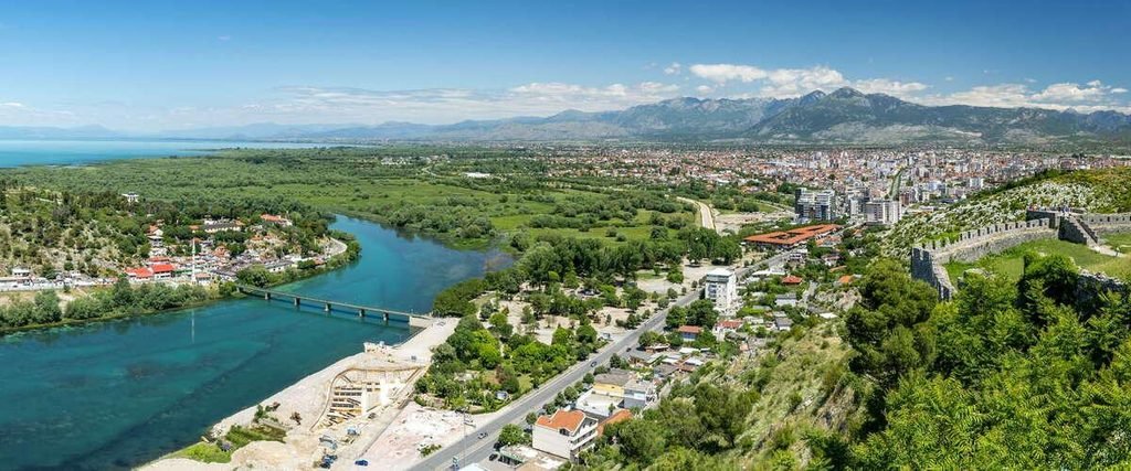 Panoramic view of Lake Shkoder and the surrounding landscape from Rozafa Castle in northern Albania
