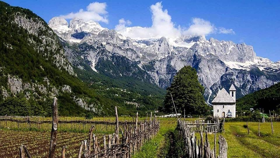 Scenic mountain landscape of Theth Valley in the Albanian Alps of northern Albania