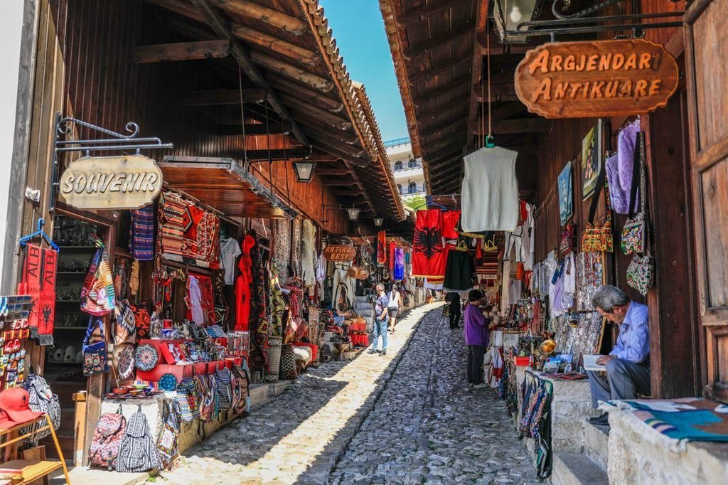 Traditional old bazaar in Kruje, Albania, with historic cobblestone streets and local market shops