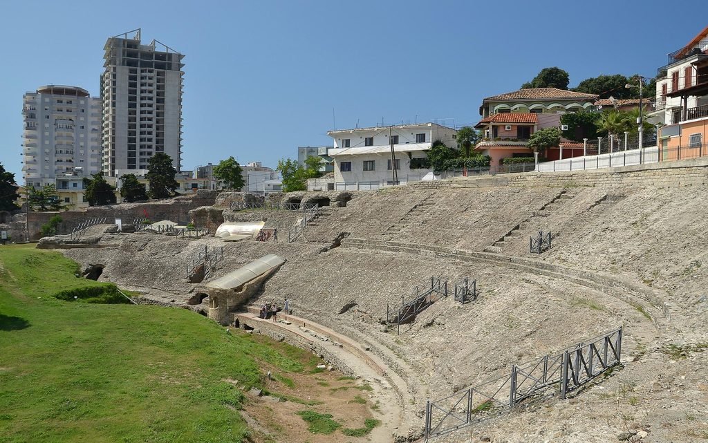 Ancient Roman amphitheatre ruins in Durres, Albania, showcasing the coastal city's archaeological heritage