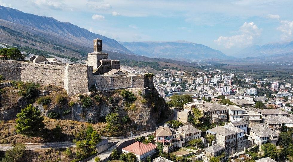 Panoramic view of Gjirokaster Castle in southern Albania, showcasing the historic stone fortress