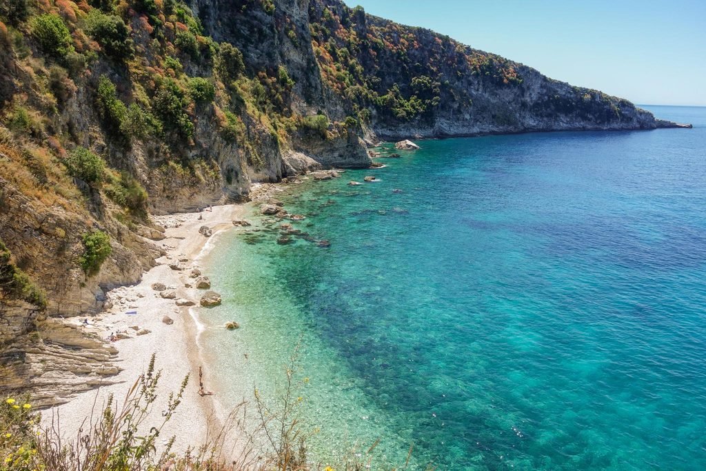 Secluded beach near Himare on the Albanian Riviera with turquoise Ionian Sea water and rocky coastline