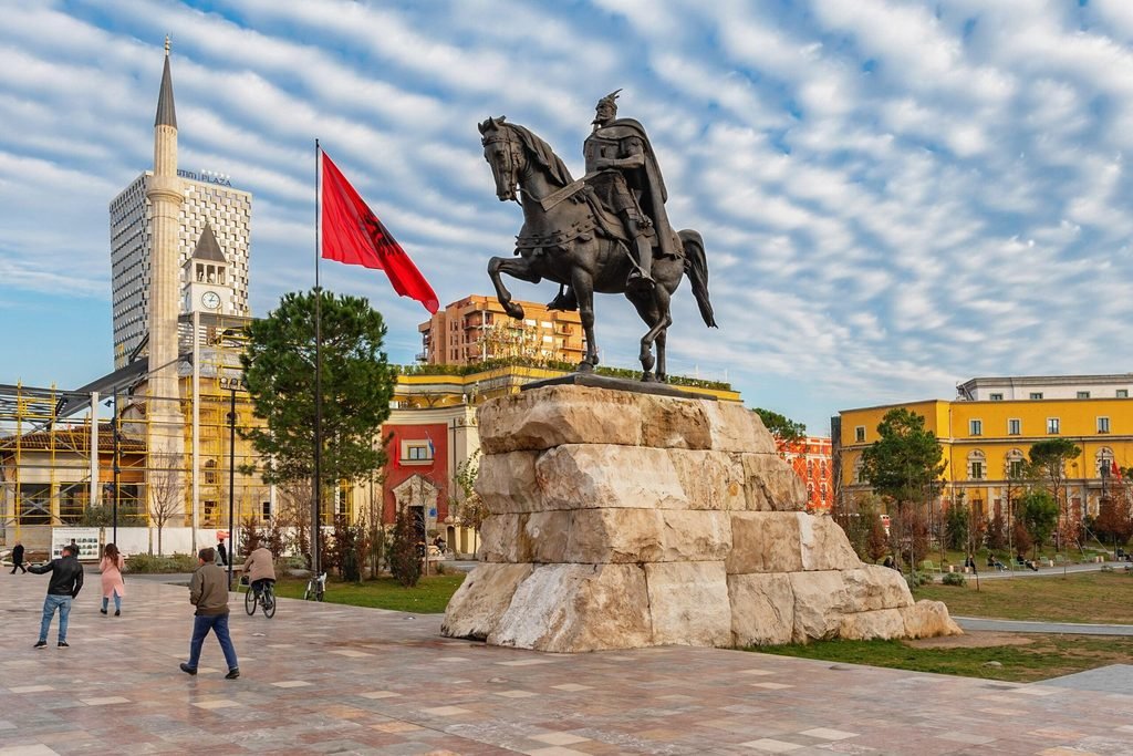 Skanderbeg Square in Tirana, Albania, during a road trip from Kosovo