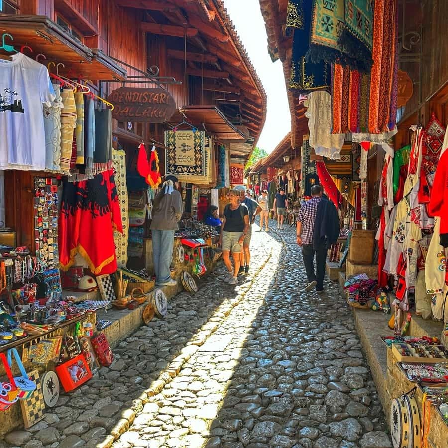 Traditional Old Bazaar in Kruje, Albania, with historic market shops