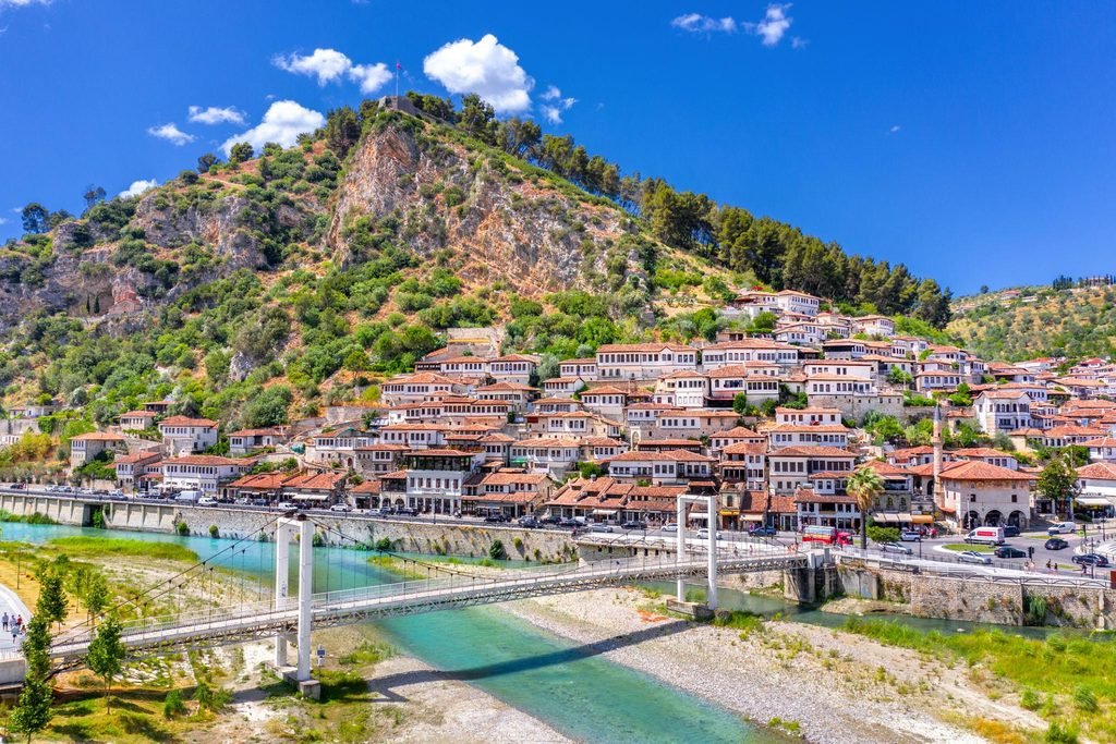 Panoramic view of the historic Mangalem district in Berat, Albania