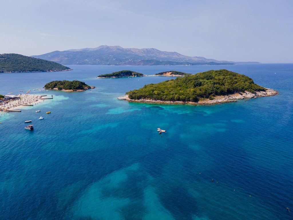 Turquoise Ionian Sea and coastal islands near Ksamil in southern Albania