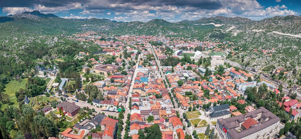 Panoramic view of Cetinje from Mount Lovcen in Montenegro, surrounded by mountain landscapes