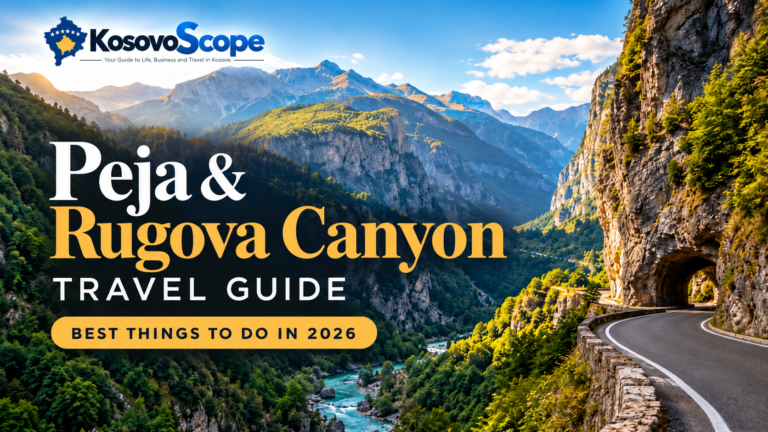 Peja and Rugova Canyon in western Kosovo with mountain scenery and canyon road