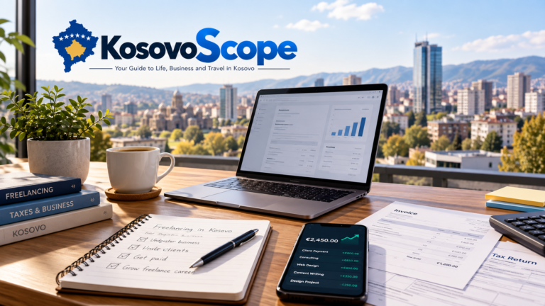 Freelancing in Kosovo with laptop, invoices, tax documents and international client payments
