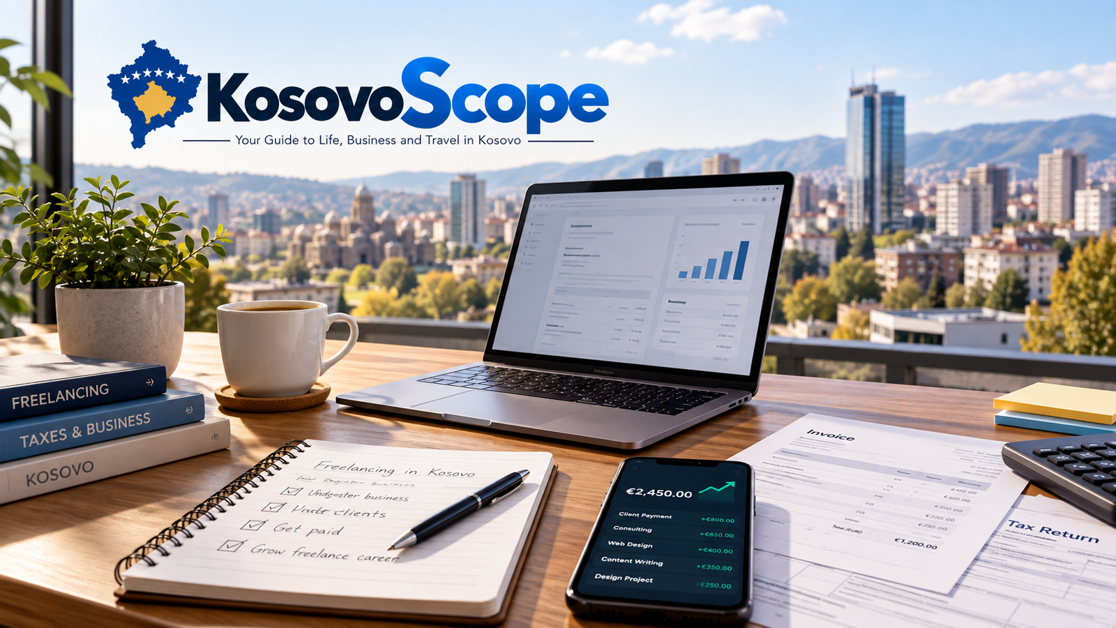 Freelancing in Kosovo with laptop, invoices, tax documents and international client payments