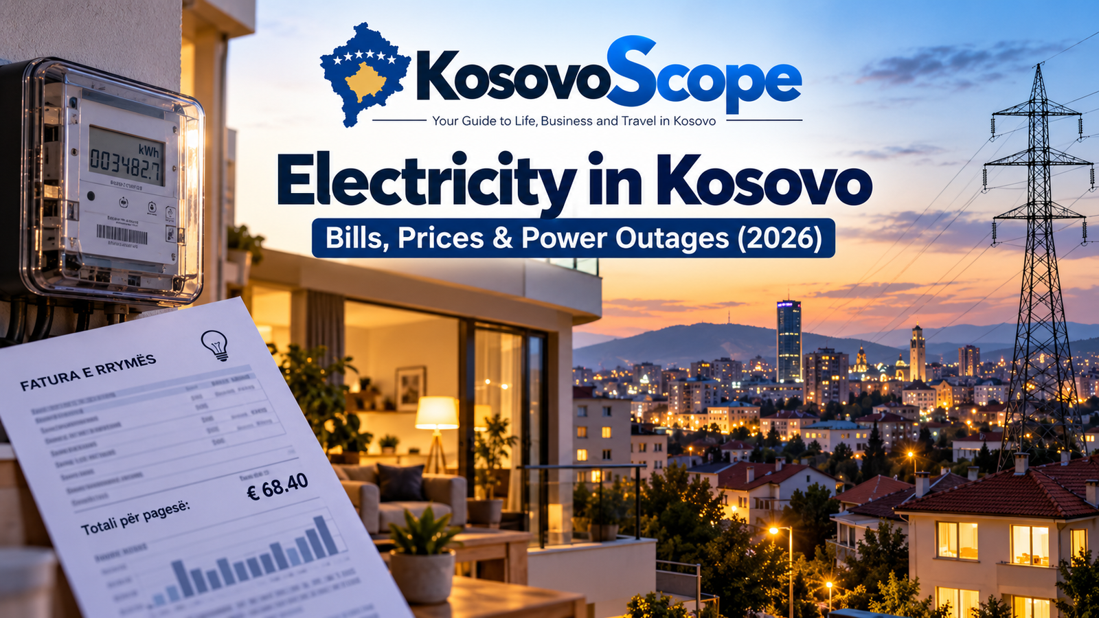 Electricity in Kosovo with household power bill, electricity meter and Pristina city skyline