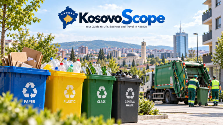 Recycling in Kosovo with separate waste bins, municipal collection and Pristina city view