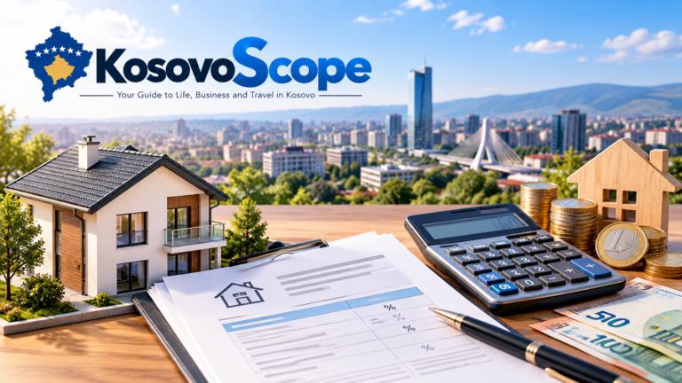 Property tax in Kosovo with house, tax bill, calculator and euro coins overlooking Pristina