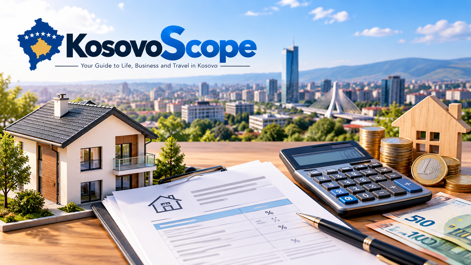 Property tax in Kosovo with house, tax bill, calculator and euro coins overlooking Pristina