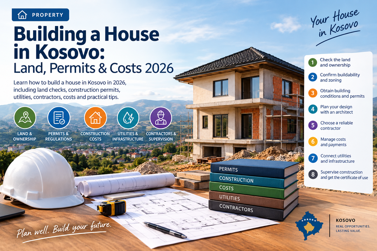 Building a house in Kosovo with construction site, architectural plans, permits and utilities