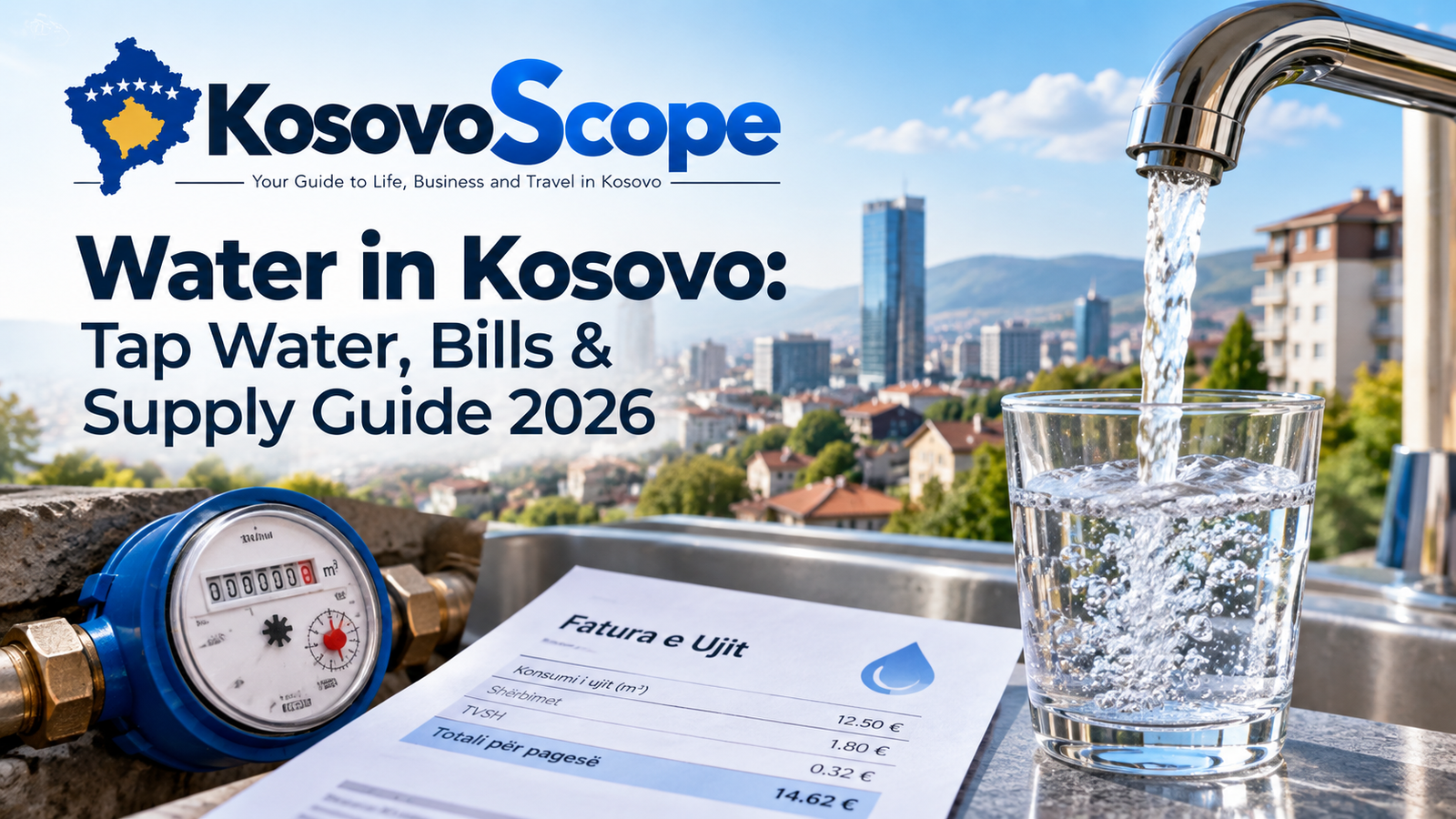 Water in Kosovo with tap water, household water bill, water meter and Pristina city view