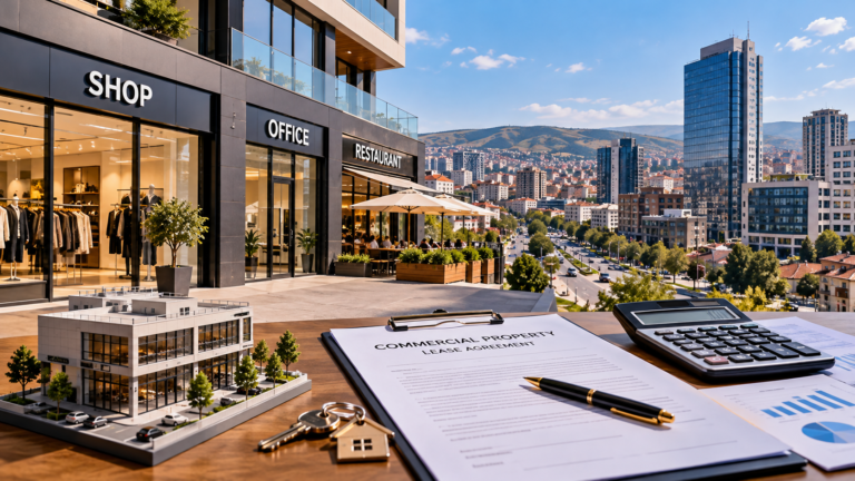 Commercial property in Kosovo with shops, offices, lease agreement and investment documents overlooking Pristina