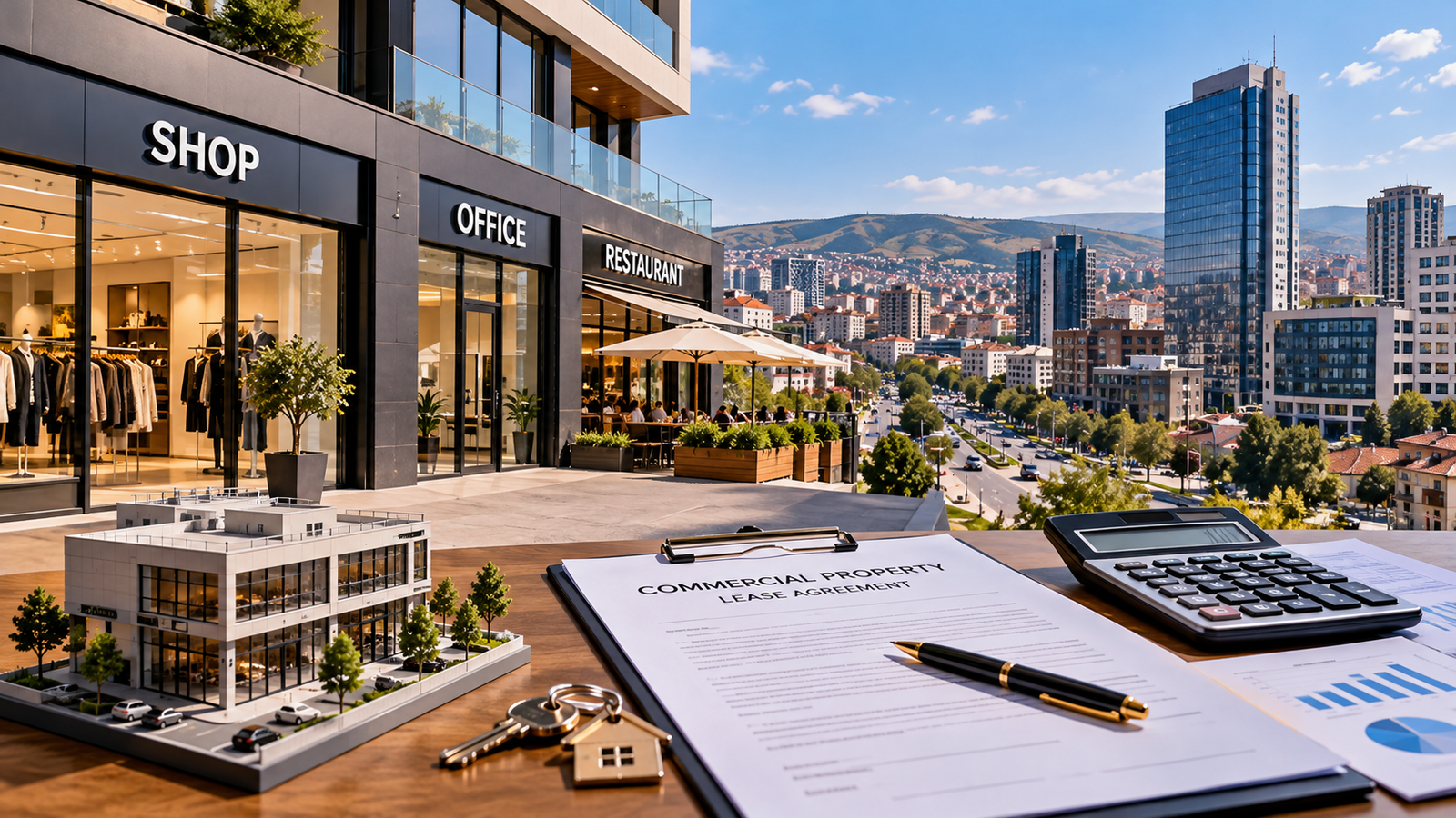 Commercial property in Kosovo with shops, offices, lease agreement and investment documents overlooking Pristina