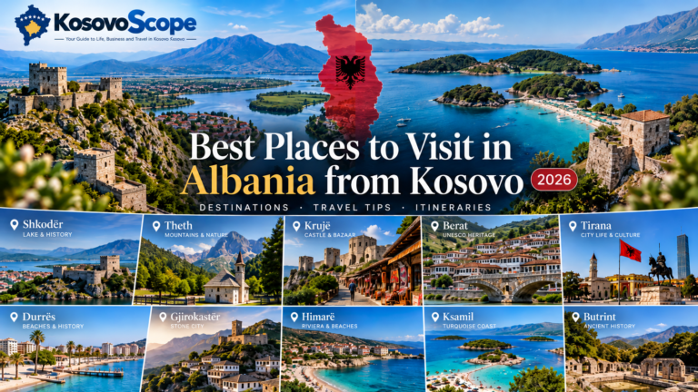 Best places to visit in Albania from Kosovo in 2026, featuring Shkoder, Theth, Kruje, Berat, Tirana, Durres, Gjirokaster, Himare, Ksamil and Butrint