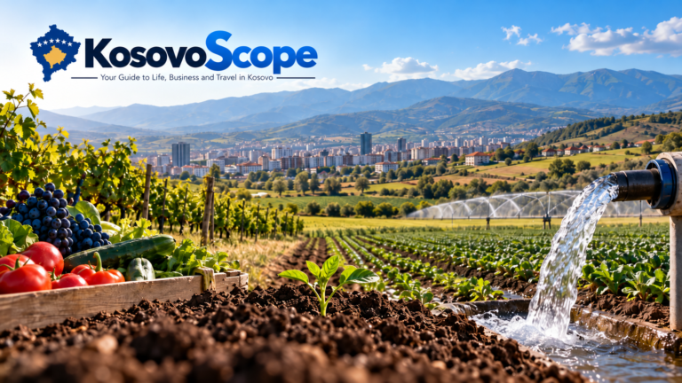 Farming in Kosovo with fertile soil, irrigation water, vineyards, vegetables and agricultural land