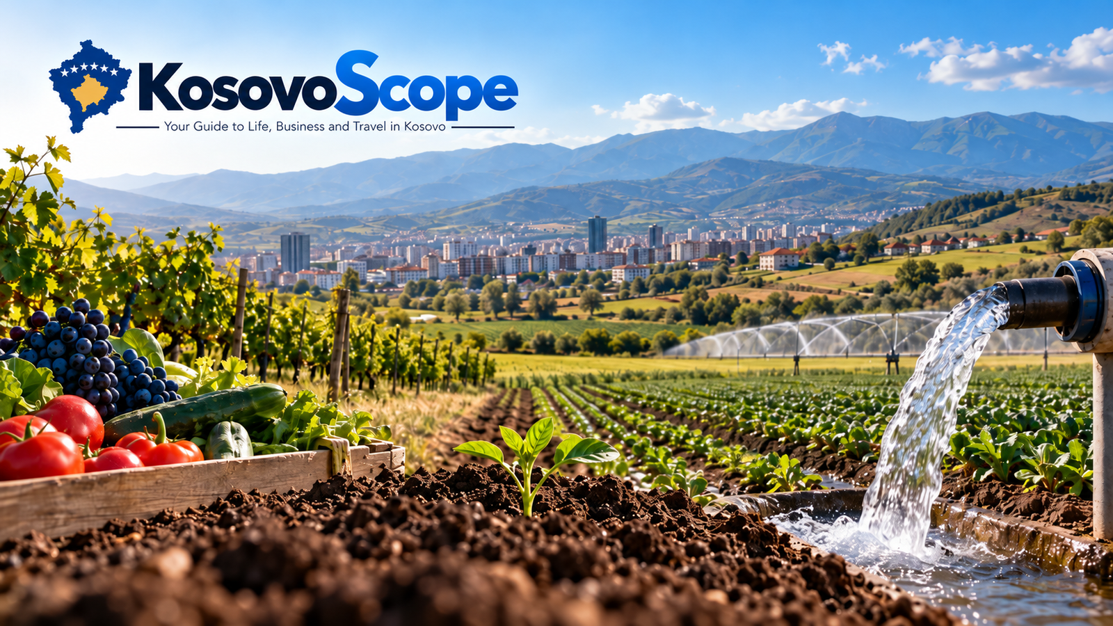 Farming in Kosovo with fertile soil, irrigation water, vineyards, vegetables and agricultural land