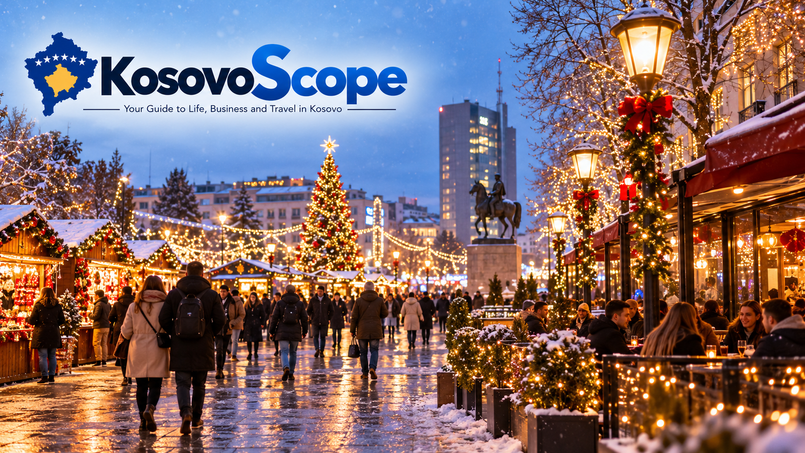 Christmas and New Year in Kosovo with festive lights, holiday market and winter atmosphere in Pristina