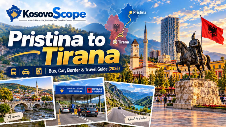 Pristina to Tirana travel guide showing Skanderbeg Square, Prizren, the Kosovo–Albania border and the road to Kukes