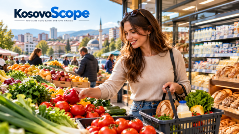Grocery shopping in Kosovo at a local market with fresh produce in Pristina